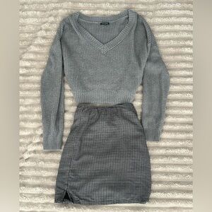Gray V-Neck Sweater and Checkered Skirt Set